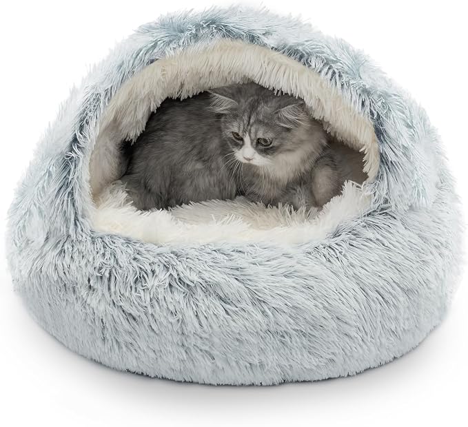 CATISM Cat Bed, Plush Hooded Cat Beds for Indoor Cats | Warm Soft Plush Comfortable Removable Washable Non-Slip Bottom by Petsfriend