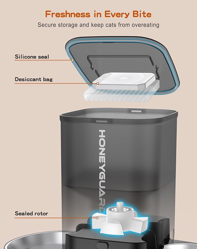 HoneyGuaridan 3.5L Automatic Cat Feeder for Two Cats, Food Dispenser with Stainless Steel Bowl,Timed Cat Feeder Programmable 1-6 Meals Control, Dual Power Supply,10s Meal Call Black - Image 4