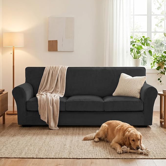 XINEAGE 4-Piece Velvet Sofa Cover,Couch Covers for Dog,Black | 3 Cushion Sofa,Stretch Non-slip Elastic, Pet-friendly, Washable, Fast Setup, Soft Plush Fabric, Furniture Protector. - Image 4