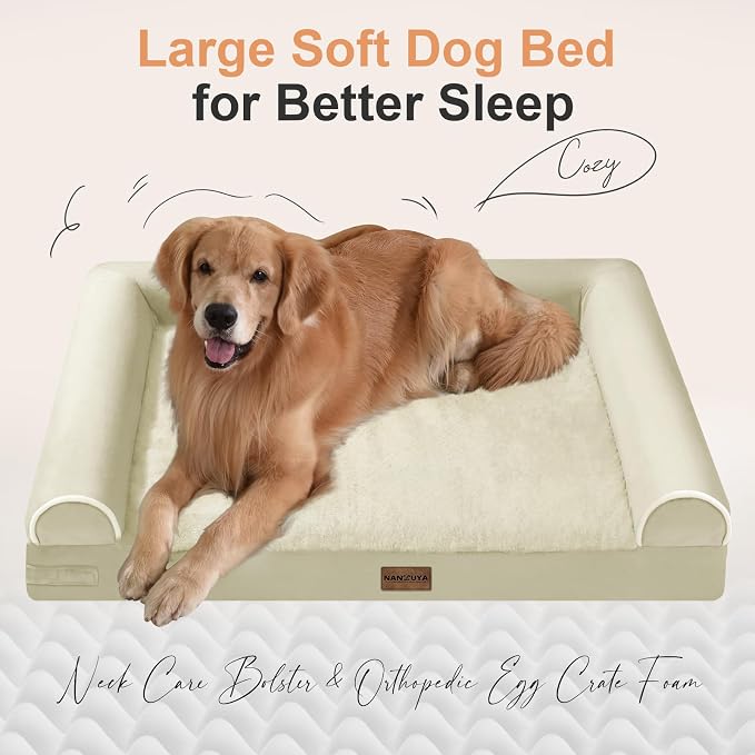 NANUYA Orthopedic Dog Bed for Medium Dogs, 28 x 19 Inch, Beige | Egg crate foam for joint support, 3-sided bolster pet sofa, waterproof lining, washable cover, and non-skid base - Image 2