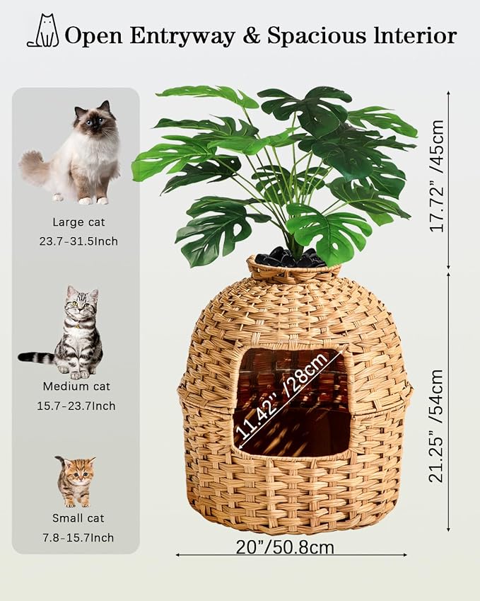 SETVSON Cat Litter Box Plant Furniture Enclosure, Rattan PE House, Natural | Decorative Planter Design, Removable Top for Easy Cleaning, Includes Artificial Plants, Real Stones, 20 x 20 Inches - Image 5