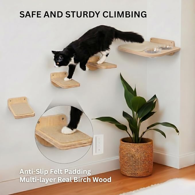 INICIO Cat Shelves - Feeding Shelf with 3 Cat Wall Steps - Natural Wood | Cat Wall Shelves with Wall Mounted Cat Food Bowls - Dog Proof Feeding Station and Convenient Feeder for Cats up to 15lbs - Image 5