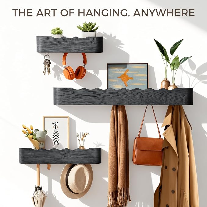 Coat Rack Wall Mount with Shelf Entryway Shelf Modern Key Holder Hanger Wall Shelves with Hidden Hooks for Hanging Towels Coats Hats Bags for Hallway Bathroom Bedroom (Wavy Black, 4 Hooks) - Image 3