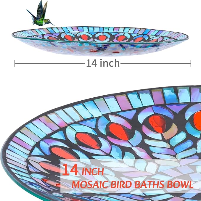 MUMTOP Mosaic Glass Bird Baths with Metal Stand for Garden Decor, Peacock | 14 Inch Width 19.68 Inch Height Outdoor Garden Peacock Bird Bath Bowl, Unique Glass Birdbaths Bird Feeder for Yard Decor - Image 2