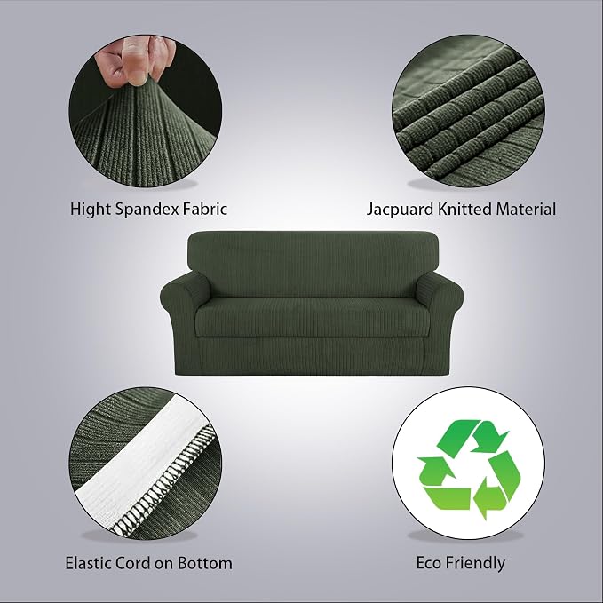 Sofa Cover Stretching Skid Resistance Couch Cover for Pets Washable, Thick and Durable Soft High Spandex Striped Pattern Sofa Covers, Form Fitted Sofa Slipcover(Sofa, Green) - Image 2