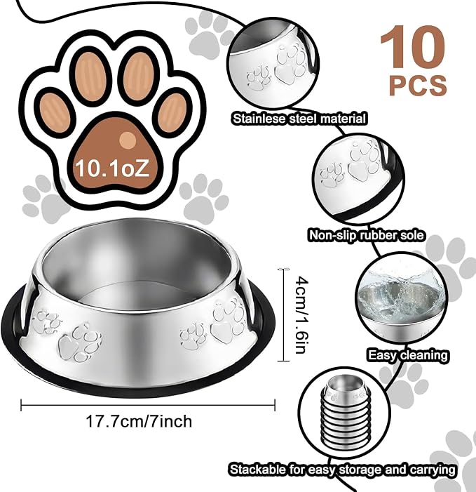 10 Pcs Stainless Steel Dog Bowl Pet Feeding Bowl with Rubber Base Non-Slip Pet Dishes Metal Dog Bowls Pet Food and Water Bowls for Small Medium Animals Kitten Rabbit (10.1 oz) - Image 2