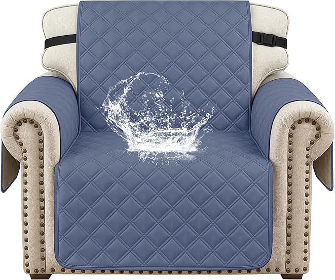 Waterproof Chair Covers for Living Room, Sofa Covers for Pets Washable with Side Pockets, Non Slip Couch Covers for Dogs, Quilted Dog Couch Cover with Elastic Straps (Armchair, Greyish Blue) by CYCMACOHOME