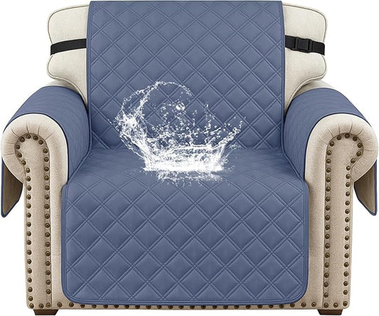 Waterproof Chair Covers for Living Room, Sofa Covers for Pets Washable with Side Pockets, Non Slip Couch Covers for Dogs, Quilted Dog Couch Cover with Elastic Straps (Armchair, Greyish Blue) by CYCMACOHOME