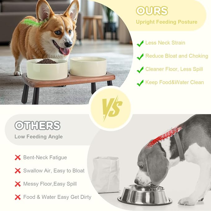 SPUNKYJUNKY Ceramic Elevated Dog Bowls Raised with Acacia Bamboo Wooden Stand, 6.1'' Dog and Cat Food Water Bowls Set Non-Slip for Small Medium Sized Breed Microwave Dishwasher Safe - 28.7 OZ,Beige - Image 3