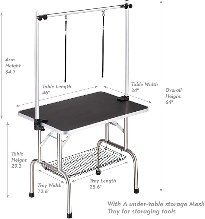 46" Dog Grooming Table Foldable Pet Grooming Tables with Adjustable Arm Noose Storage Mesh Tray Maximum Capacity Up to 330lbs Black - Image 2
