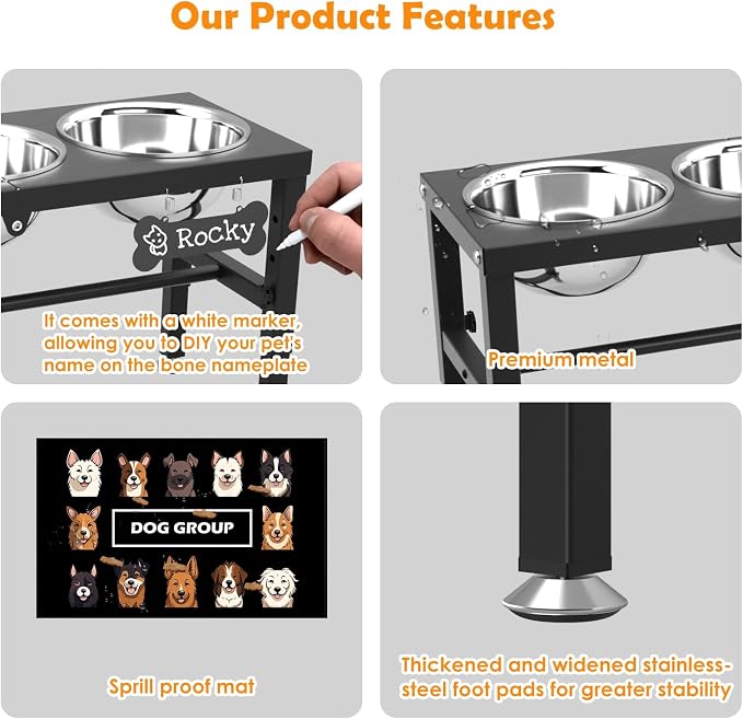 3-in-1 Slow Feeder Dog Bowl Stand, Elevated Raised Feeder with 1 Slow Feed & 3 Stainless Steel Bowls, Iron Stand, Custom Name Plate & Mat - Easy Clean for Fast Eaters, Multiple Dogs - Image 4