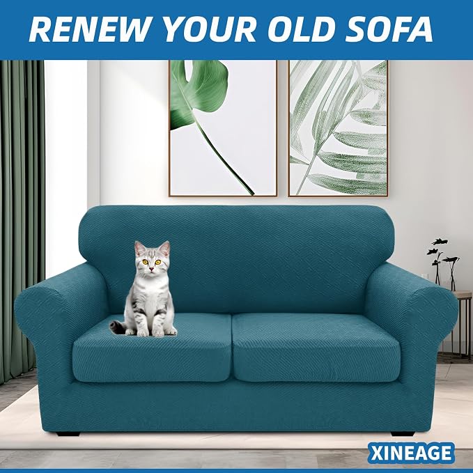 XINEAGE New 3 Pieces Couch Covers for 2 Cushion Sofa Super Stretch Loveseat Slipcover Pet Dog Universal Slip Cover Anti Slip Love Seat Furniture Protector (Peacock Blue, 55"-69") - Image 4