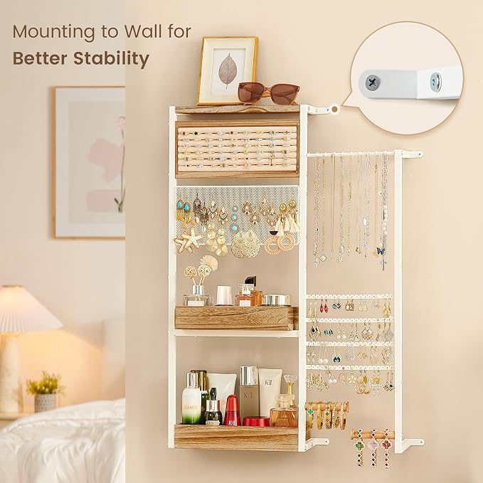 Pinzoveco Hanging Jewelry Organizer Wall Mounted, Large Hanging Jewelry Organizer Holder for Necklaces,Bracelest,Earrings,Rings,Watched,Makeup & Perfume (White) - Image 3