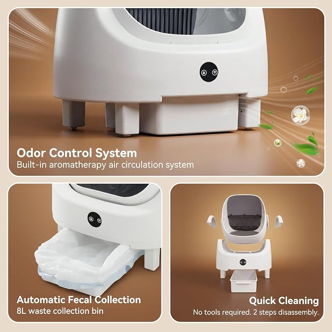 Automatic Litter Box App Control Self Cleaning Litter Box Odor Control＆Safety Protection for Multiple Cats with Garbage Bag, Cat Litter Mat and Fragrance Box, Ivory - Image 6