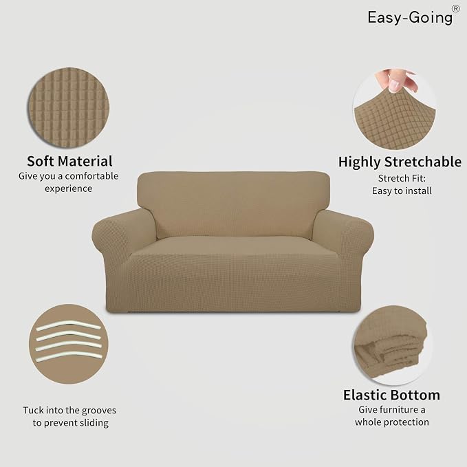 Easy-Going Stretch Loveseat Couch Covers Washable Tan | 1-Piece Loveseat Covers for 2 Cushion Couch Furniture Protector RV Sofa Slipcover Soft with Bottom for Kids Pets - Image 3