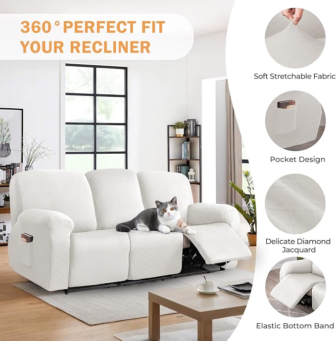 vctops Diamond Recliner Sofa Covers 8-Pieces Stretch Large Couch Covers for 3 Seats Reclining Slipcovers Soft Solid Furniture Protector (White,3 Seat) - Image 4