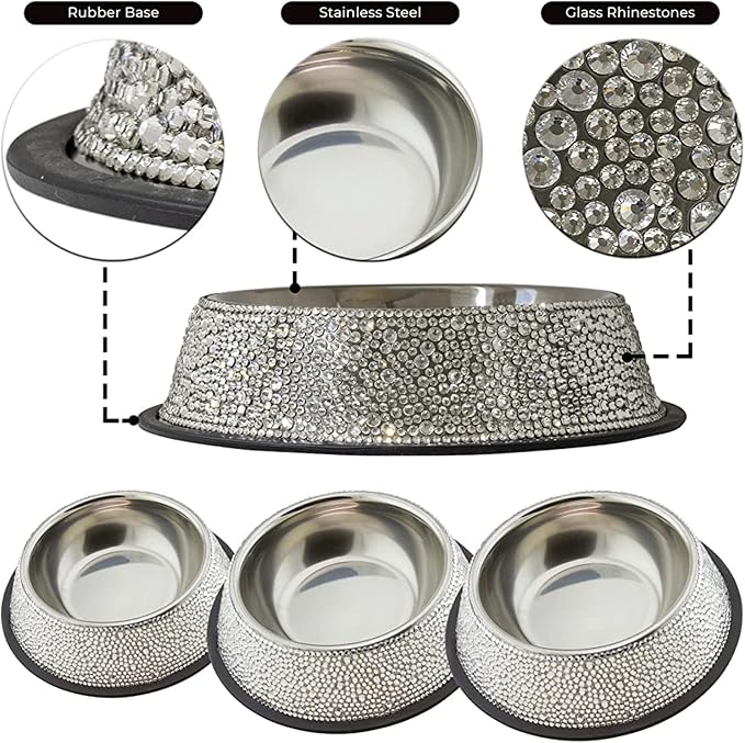Strass Pet Bowl, Sparkling Rhinestones on Stainless Steel, Non-Slip Base, for Cats, Dogs, Other Pets, Food and Water, Silver, Small, Sold Individually - Image 4
