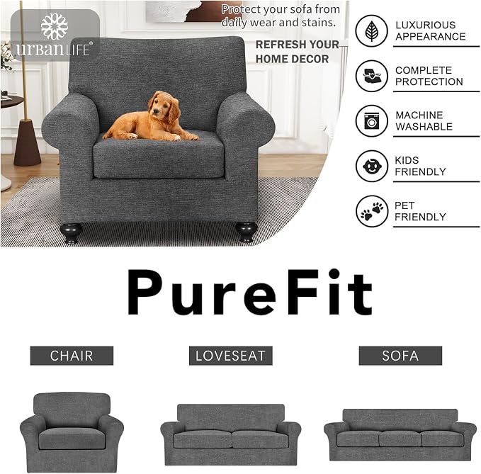 URBANLIFE 2-Piece Stretch Sofa Covers for 1 Cushion Couch, Gray | Super fitted spandex slipcovers for couches. Non-slip elastic bottom. Machine washable furniture protector for kids & pets. - Image 6