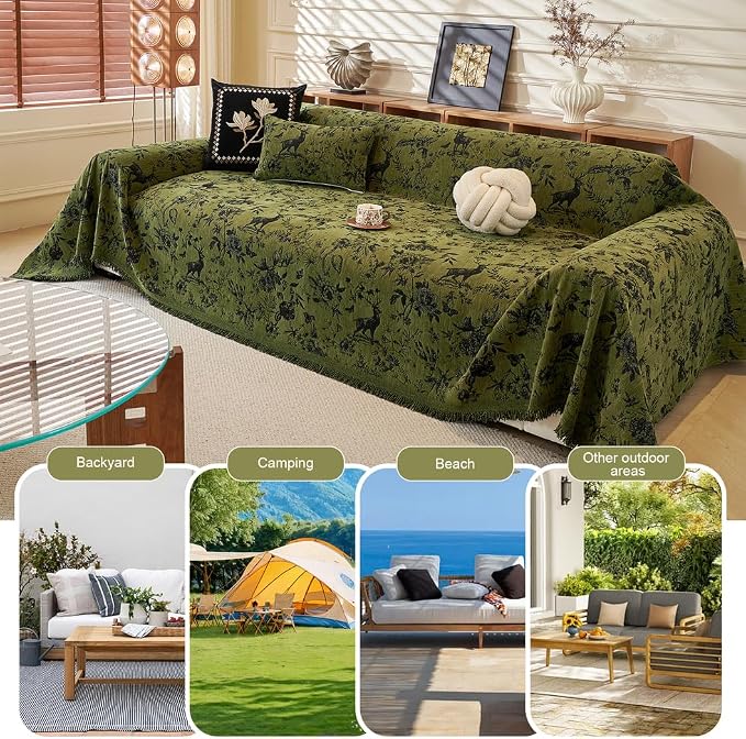 ROOMLIFE Green Sofa Cover, Vintage Boho Couch Cover for 3 Cushion Sofa, Non Slip Soft Chenille Sofa Slipcovers for Dog, Washable Furniture Sofa Protector Cover with Tassel for Living Room, 71''X118” - Image 8