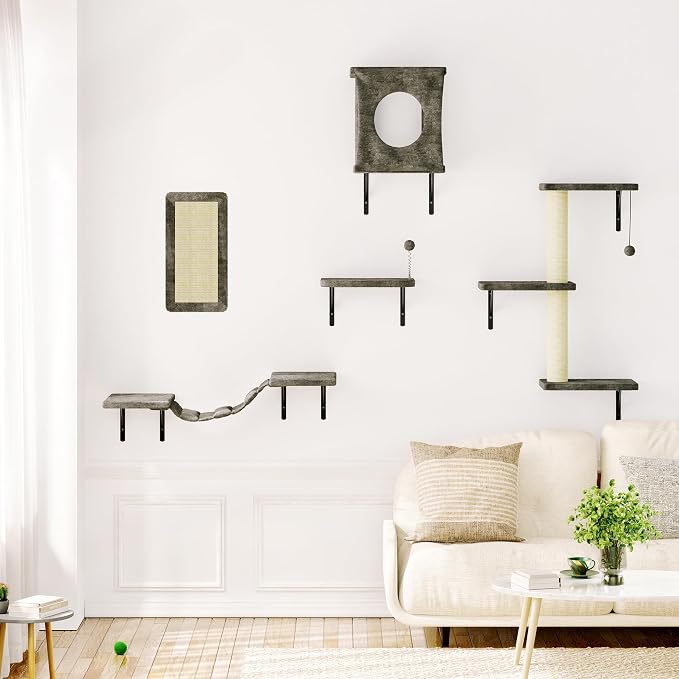 Cat Wall Shelves, 10-in-1 Wall-Mounted Cat Furniture Set | Large Cat Climber Set with House, Bridge, Steps, Scratcher, DIY Playground, Shelves for Indoor Wall Furniture Set - Grey - Image 7