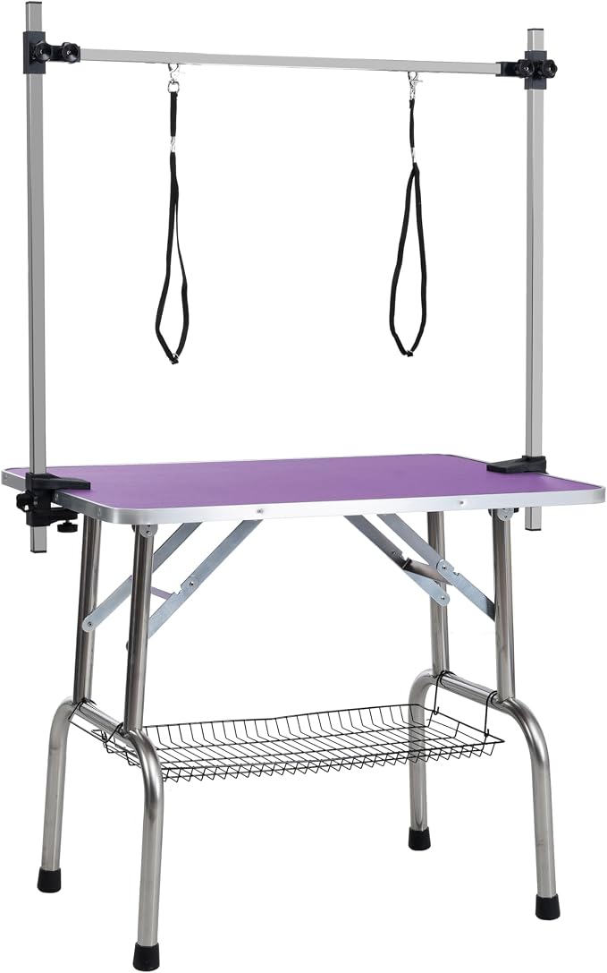 Professional Dog Pet Grooming Table Adjustable Heavy Duty Portable w/Arm & Noose & Mesh Tray (Purple, 36") - Image 7