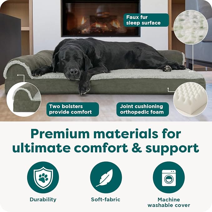 FurHaven Orthopedic Dog Bed for Large Dogs, L-Shaped Chaise Mattress with Orthopedic Egg Crate & Solid Orthopedic Foam Base for Joint Support, Washable Cover, Jumbo XL, Faux Fur & Suede, Dark Sage - Image 5