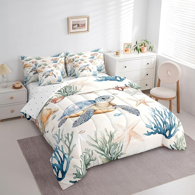 Erosebridal Cartoon Sea Turtle 7-Piece Bedding Set King Size, Ocean Animal Tortoise Bed in A Bag, Underwater World Sea Animal Comforter Set with Sheets, Kawaii Starfish Bedding Comforter Sets - Image 2