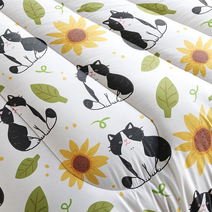 QOOMO Kawaii Cat Comforter Full Size,Sunflower Cat Comforter Set for Kids Teens Girls Boys,3Pcs Bedding Set Printed Comforter with 2 Pillowcases,Down Alternative,Soft and Lightweight，Full Size - Image 5