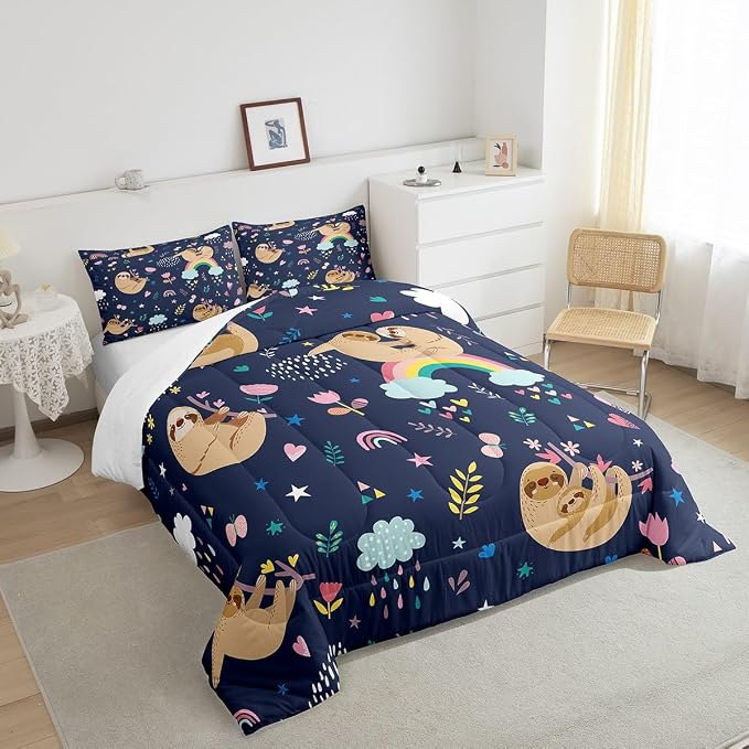 Homewish Cute Brown Sloth Comforter Set King Size, Cartoon Animal & Flowers Rainbow Print Bedding Set for Kids Girls Boys Teens, Watercolor Quilted Duvet with 2 Pillowcases Decor Bedroom, Dark Blue - Image 2