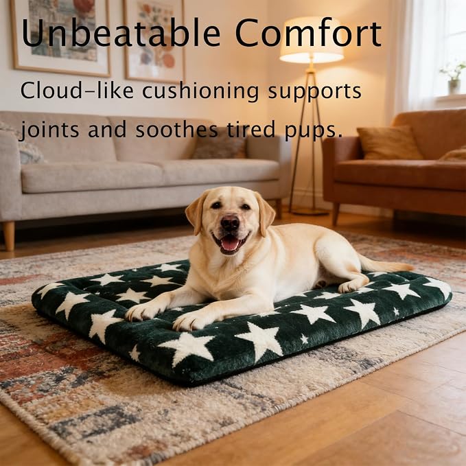 Dog Bed Mat, Reversible Crate Pad & Durable Dog Bed - Machine Washable Kennel Mat with Ultra Soft for Large Dogs (Big&Small Stars Green, 35" L*23" W*1.5" Th) - Image 2