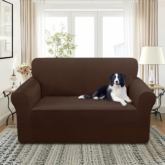 U-NICE HOME Velvet Loveseat Sofa Covers Stretch Couch Cover Furniture Protector Sofa Slipcover for Dogs (Medium, Chocolate) - Image 2