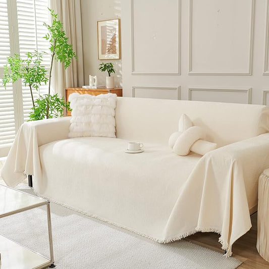 DREAMINGO Sofa Covers Washable Thick Chenille Couch Cover for 3 Cushion Couch Sofa Multi-Use Couch Cover Blanket Modern Pet Furniture Protector Sectional Couch Slipcover 71"x150", Beige White by DREAMINGO
