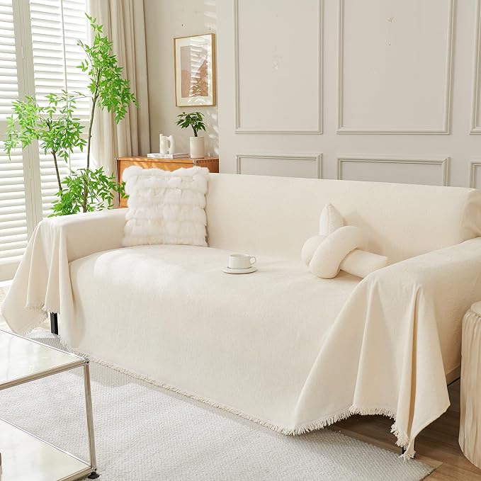 DREAMINGO Sofa Covers Washable Thick Chenille Couch Cover for 2 Cushion Couch Sofa Multi-Use Couch Cover Blanket Modern Pet Furniture Protector Sectional Couch Slipcover 71"x118", Beige White by DREAMINGO
