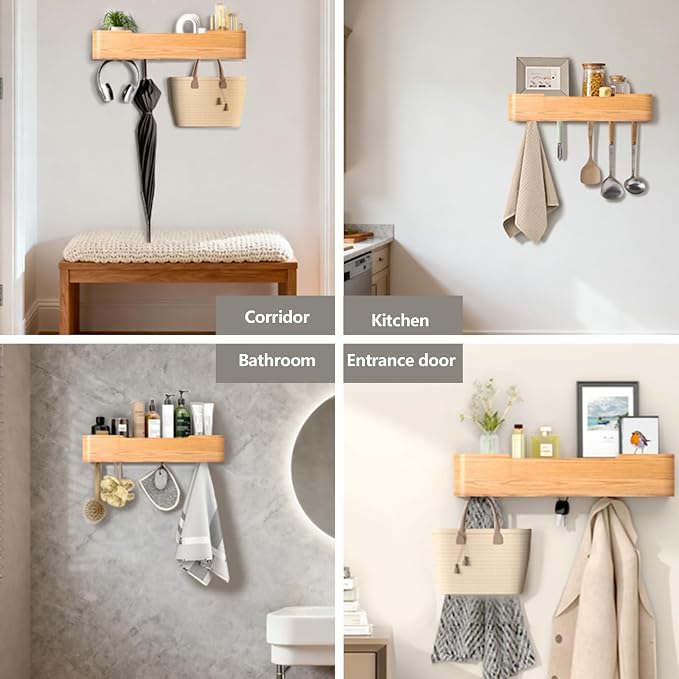 Wall Mounted Coat Rack with Shelf, Wooden Entryway Organizer with Hidden Metal Hooks for Hanging Coats Bags Keys, Modern Floating Shelf for Hallway Bathroom (Oak, 5 Hooks) - Image 6