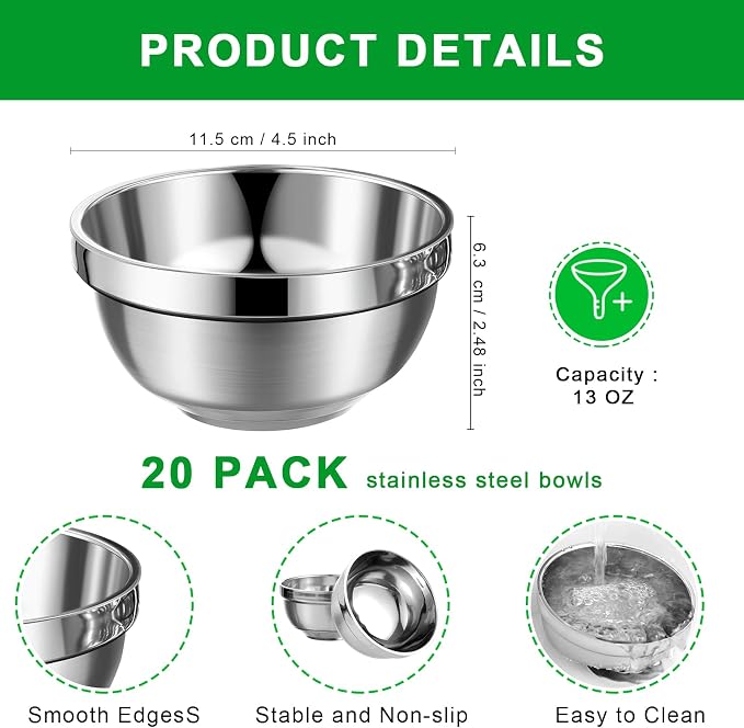 Mimorou 20 Pack 304 Stainless Steel Bowls Set 13oz Metal Double Walled Insulated Snack Mixing Lightweight Multipurpose Toddler Dinner Bowls for Ice Cream, Cereal, Snack - Image 2