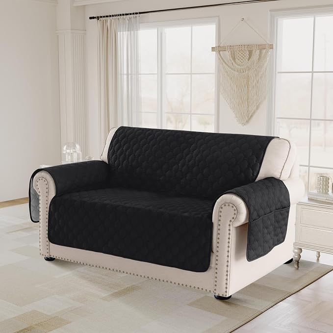 PrinceDeco Loveseat Covers for 2 Cushion Couch Modern Sofa Covers Water Resistant and Washable Thick Soft Couch Cover for Dogs Anti-Slip Sofa Cover Seat Width to 48"(Loveseat, Black) by PrinceDeco