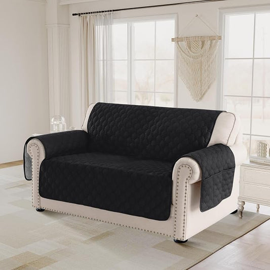 PrinceDeco Loveseat Covers for 2 Cushion Couch Modern Sofa Covers Water Resistant and Washable Thick Soft Couch Cover for Dogs Anti-Slip Sofa Cover Seat Width to 48"(Loveseat, Black) by PrinceDeco