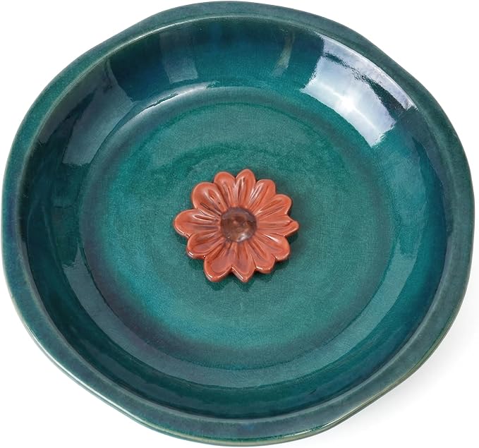 Topadorn 12.2'' Ceramic Birdbath & Birdfeeder for Small Birds Outdoors | 2" Depth Bird Bath Bowl For Vintage Garden Patio Yard Lawn Decor, Blue with Red Flower by Topadorn