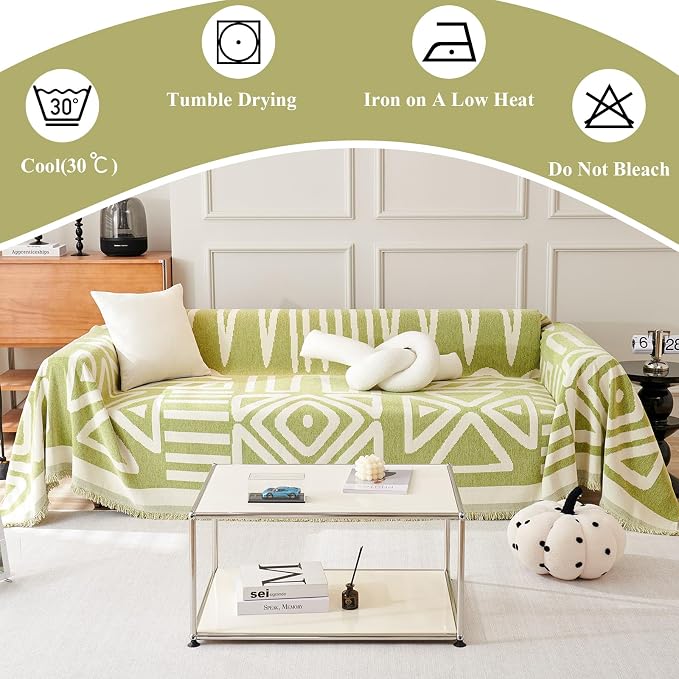 71" x134" Chenille Couch Cover Boho Reversible Sofa Cover with Green Geometric Pattern Multifuntional Sofa Slipcover with Tassels Furniture Protector for Dog Pet Scratching, Washable - Image 6