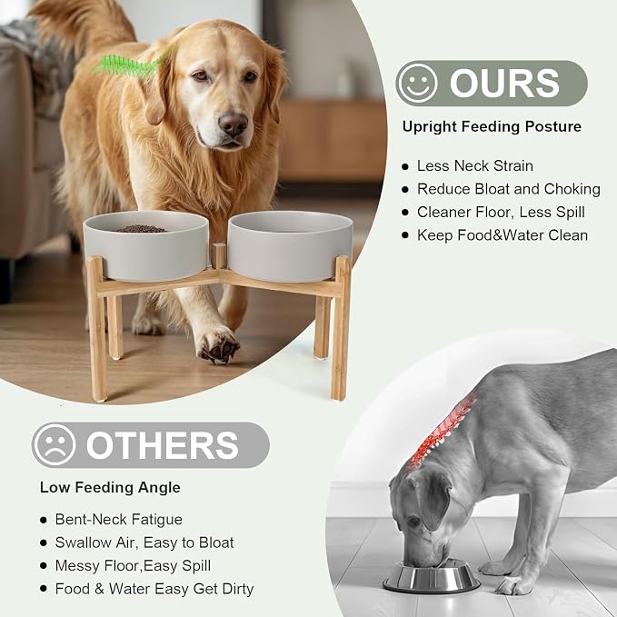 SPUNKYJUNKY Elevated Dog Bowls Ceramic, 8.3'' Dogs Food Water Bowls Raised with Non-Slip Bamboo Stand for Large Sized Breed Microwave Dishwasher Safe - 60 OZ,Grey - Image 3