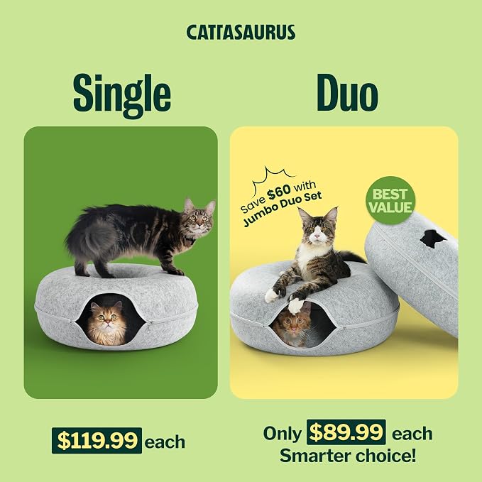Cattasaurus Peekaboo Cat Cave Duo Jumbo Set, Extra Spacious Cat Donut for Multiple & Large Kitty 15+ lbs, Scratch Detachable Cat Beds for Indoor Cats, Washable Cat Tunnel Bed, Best Kitten Toys - Image 2