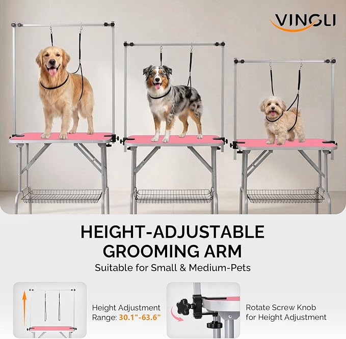 VINGLI Dog Grooming Table, Adjustable Cat Grooming Desktop with Arms and Storage Basket, Pet Grooming Stand at Home (Pink, 36 inch) - Image 3