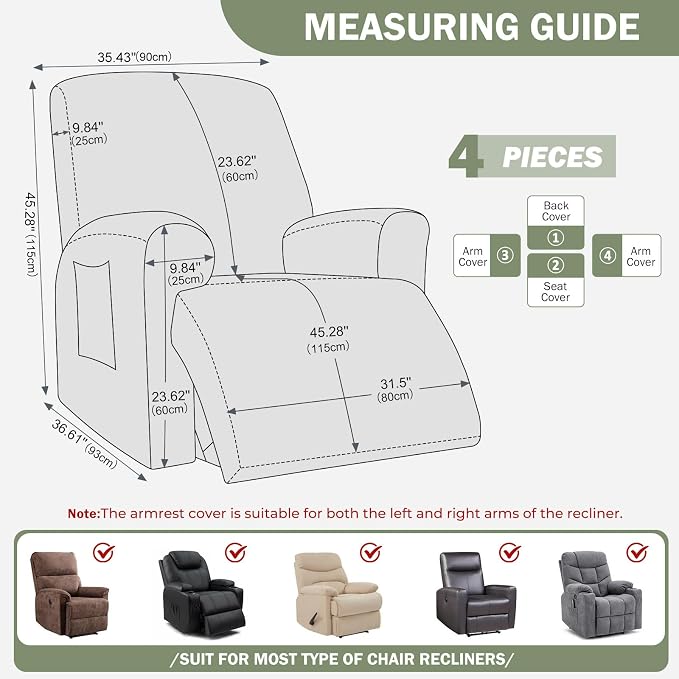 vctops Diamond Recliner Cover 4-Pieces Recliner Stretch Sofa Slipcover 1 Seater Couch Protector Soft Solid Furniture Protector Covers with Elastic Strap (Greyish Green,1 Seat) - Image 2