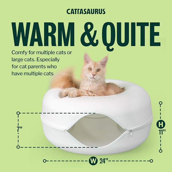 Cattasaurus Peekaboo Cat Cave Donut for Multiple & Large Cats up to 30-45 lbs, 3-in-1 Self Warming Cat Bed, Tunnel & Scratcher for Indoor Cats, Washable & Detachable Small Dog Bed (White, Large) - Image 6