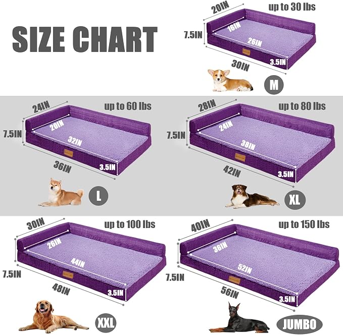 Patas Lague Orthopedic Medium Dog Bed Pet Sofa Beds 30''X20''Purple | L Bolster Egg-Crate Foam Dog Couch For Medium Dogs, Waterproof Removable Washable Cover, Pet Mat with Nonskid Bottom - Image 6