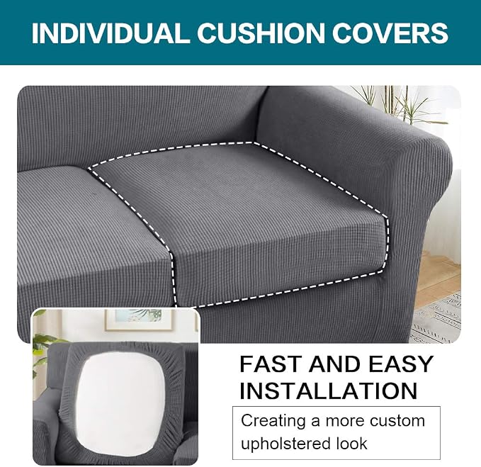 Turquoize 4 Piece Sofa Covers for 3 Cushion Couch Sofa Slipcover Soft Couch Cover for Dogs-Washable Sofa Furniture Covers with 3 Individual Large Cushion Covers, Feature Thick Fabric (XL Sofa, Gray) - Image 5