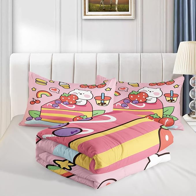 QOOMO Kawaii Bear Comforter Full,Pink Bear Bedding Set for Kids Teens Girls,3Pcs Bedding Set Printed Comforter with 2 Pillowcases,Down Alternative,Soft and Lightweight，Full Size - Image 4