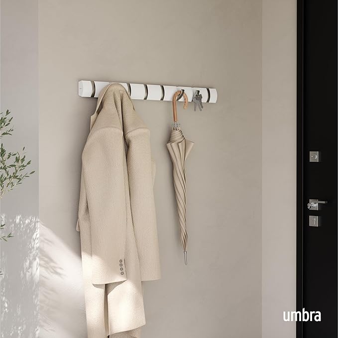 Umbra Flip Coat Rack, Wall Mount 8-Hook, Space Saving, White | Real wood and steel build, retractable hooks fold flat, holds coats bags and scarves, easy install - Image 2