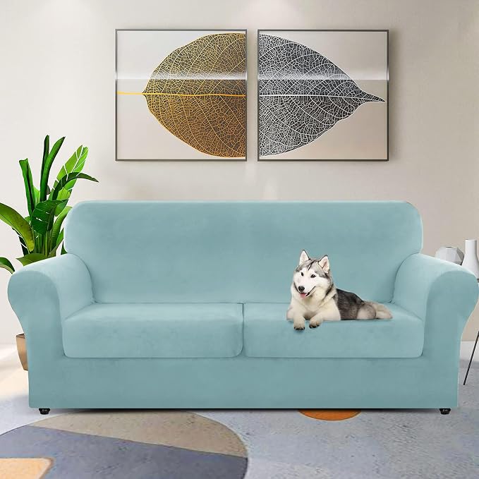 ZNSAYOTX Oversized Velvet 3 Piece Couch Cover with 2 Extra Large Seat Cushion Covers Stretch Sofa Cover for 2 Cushion Couch Thick Soft Loveseat Sofa Slipcover (Stone Blue), 72"-92"(2 Cushions) - Image 2