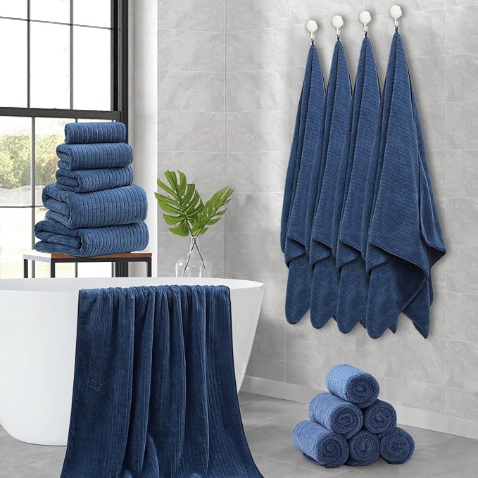 Hailea 18 Piece Family Bath Towel Set Include 6 Bath Towels,6 Hand Towels and 6 Washcloths Soft Bathroom Towel with Hanging Loops,Highly Absorbent Quick Dry Towels Set for Bathroom,Hotel and Spa-Navy - Image 8